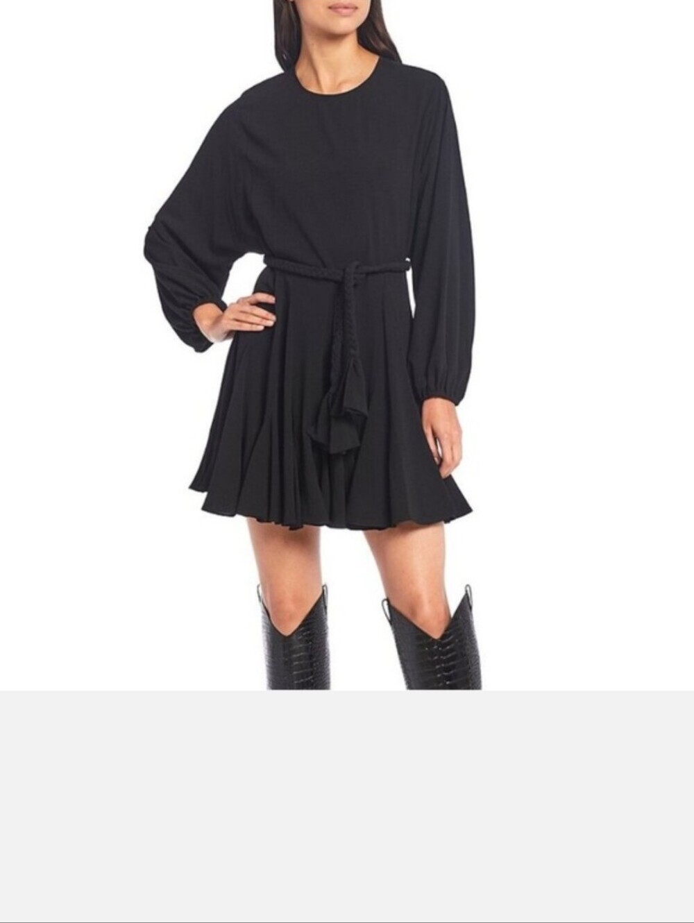 Gianni Bini Black Long-Sleeve Braided-Waist Dress (Large)